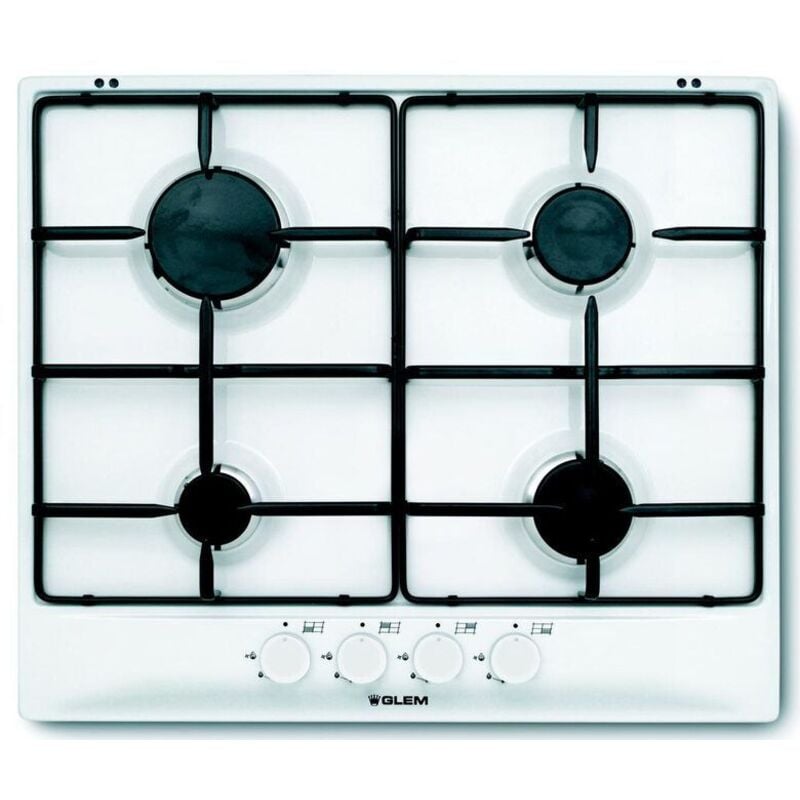 foto del prodotto glem gas gt64wh. colore del prodotto bianco, posizionamento dell'apparecchio da incasso, dimensione della larghezza del piano cottura 60 cm.