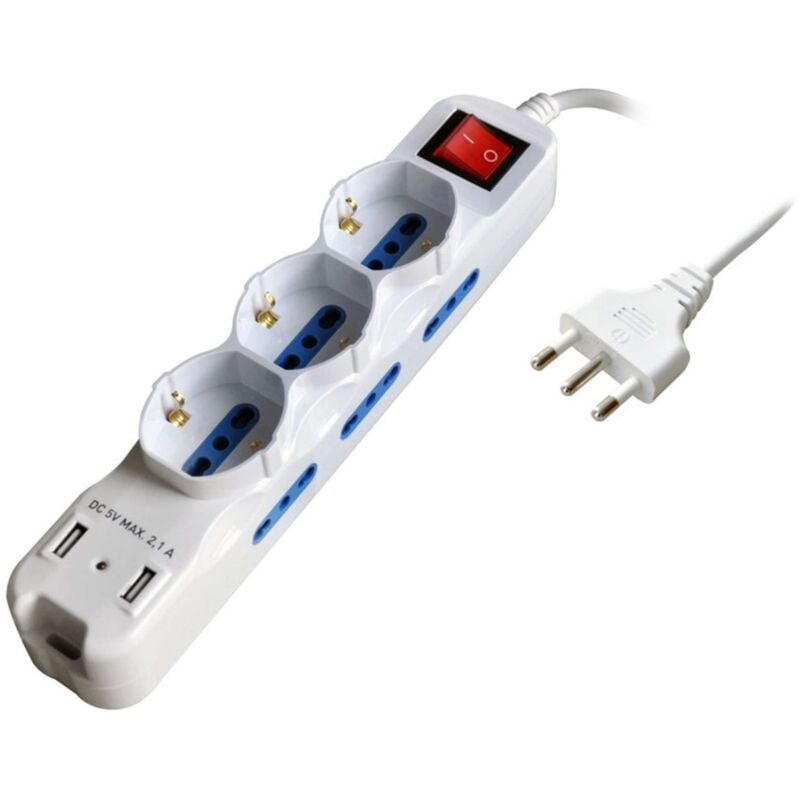 foto del prodotto globex multipresa in blister con interruttore 9 posti 6 bipasso 3 schuko 2 prese usb