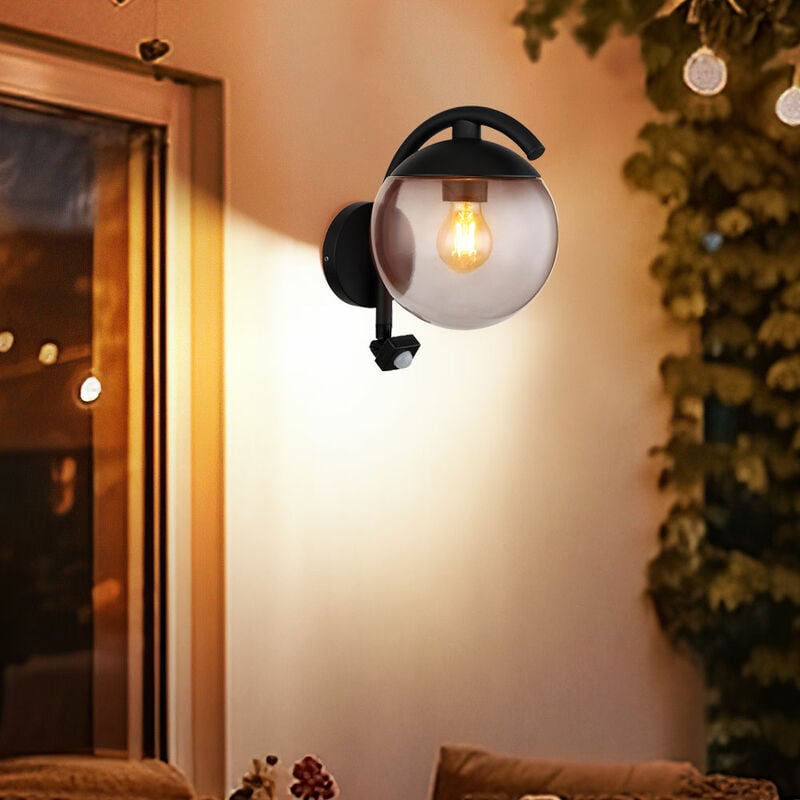 foto del prodotto globo applique da esterno, rilevatore di movimento, lampada da terrazza, area esterna, applique, sfera di vetro, sensore ip44 retro, metallo color