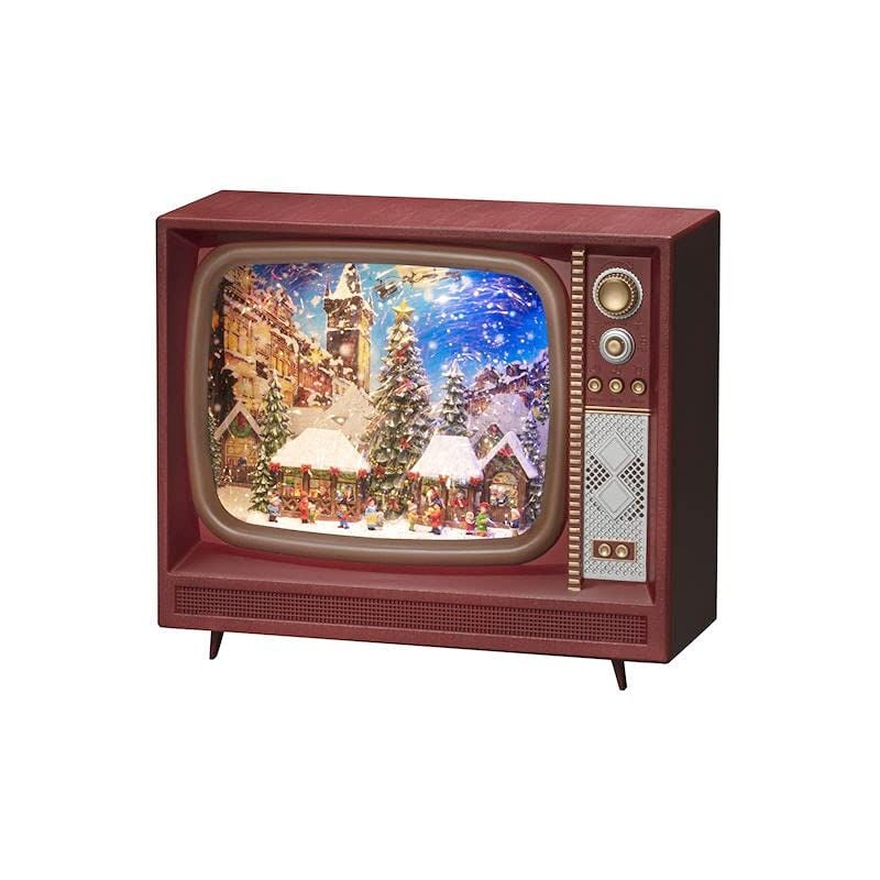 foto del prodotto globo di neve led tv con scena del mercato e del villaggio, riempita di acqua decorazioni natalizie per interni a batteria ip20 musica opzionale