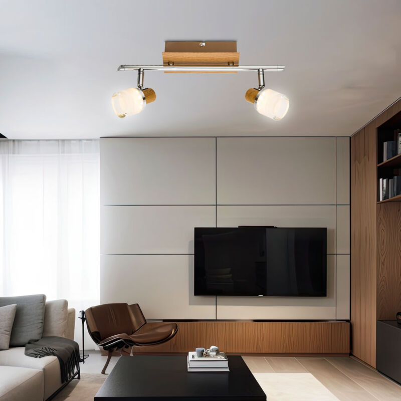 foto del prodotto globo faretto da soffitto 2 fiamme legno orientabile plafoniera lampada da parete faretto led, fatto di interruttore cromato, 2x led 5w 380lm