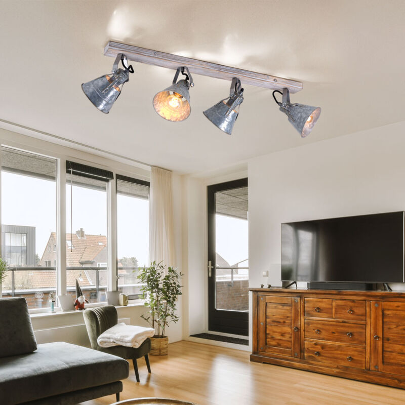 foto del prodotto globo faretto da soffitto plafoniera 4 fiamme lampada da soggiorno faretto lampada mobile in legno, metallo color zinco, 4x e27, lxh 82x18 cm