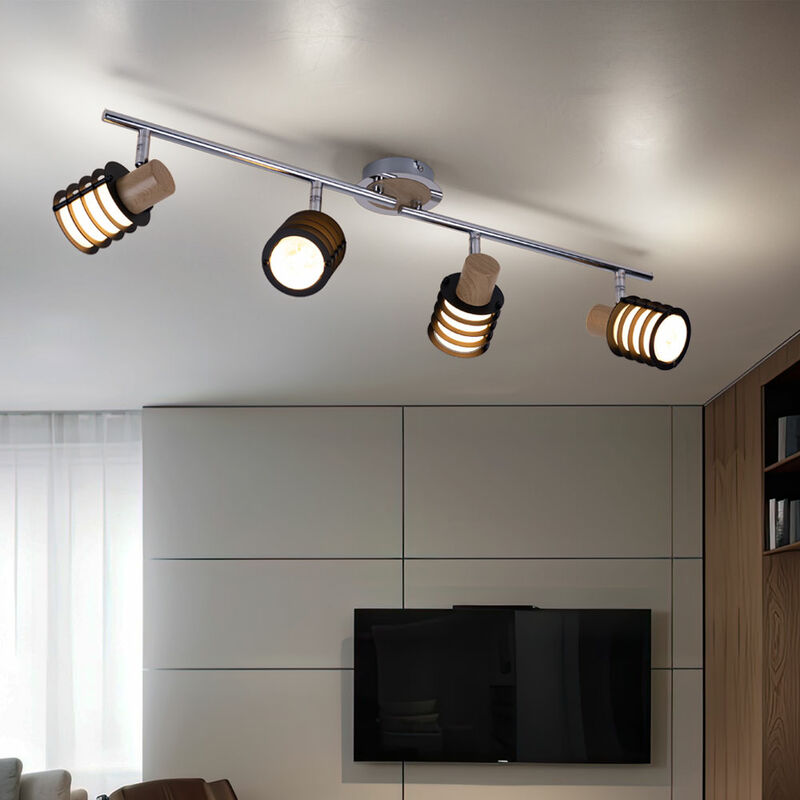 foto del prodotto globo faretto da soffitto plafoniera orientabile cromo retr plafoniera vetro, 4 fiamme accenti di legno, 4x e14, l 70 cm
