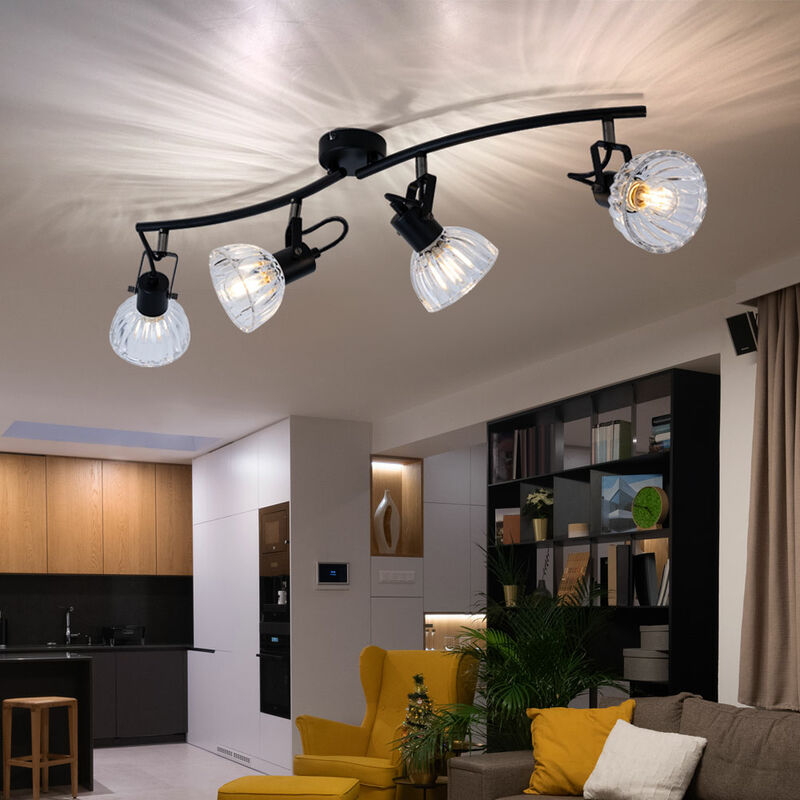 foto del prodotto globo faretto da soffitto spot bar nero plafoniera 4 fiamme lampada da soffitto soggiorno, faretti orientabili, metallo vetro, 4x e14, lxh 70 x 18