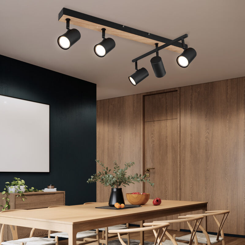 foto del prodotto globo faretto da soffitto spot nero faretto da soffitto striscia 5 fiamme, metallo mdf aspetto legno scandinavo, 5 prese gu10, lxlxa 70x35x18cm