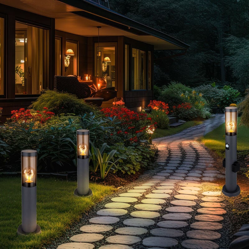 foto del prodotto globo lampada a colonna con presa e presa per rilevatore di movimento a colonna da giardino con luce, acciaio inox antracite, plastica fumo, 1x