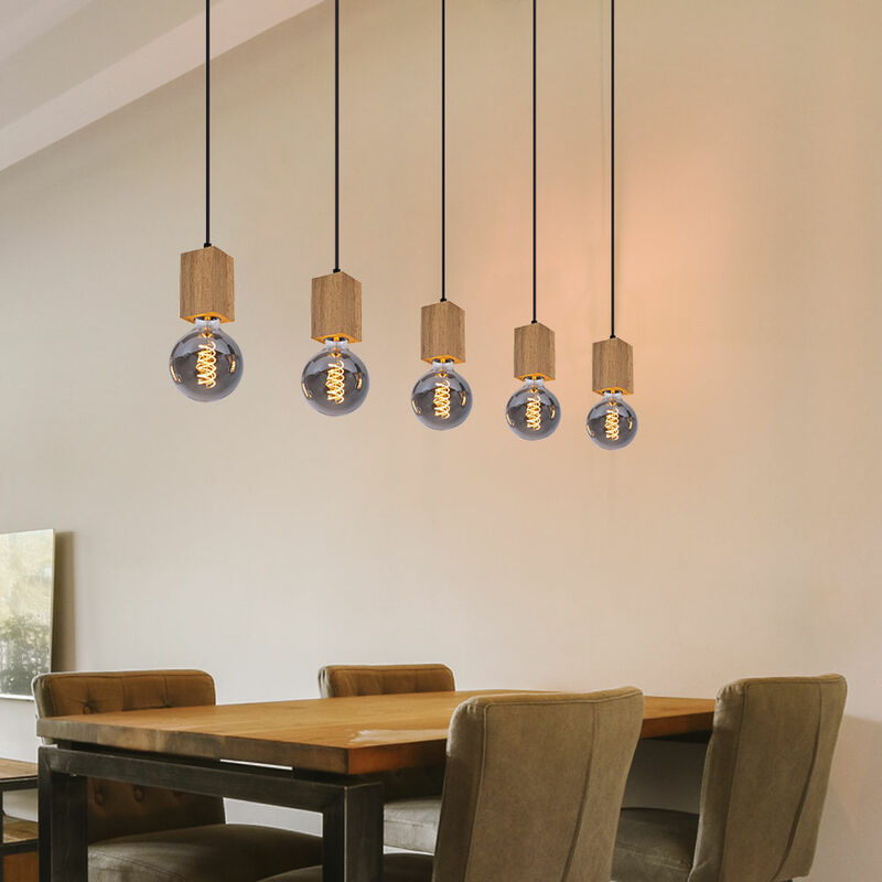 foto del prodotto globo lampada a sospensione 5 fiamme sala da pranzo effetto legno chiaro lampada a sospensione regolabile in altezza in legno, mdf metallo, 5x