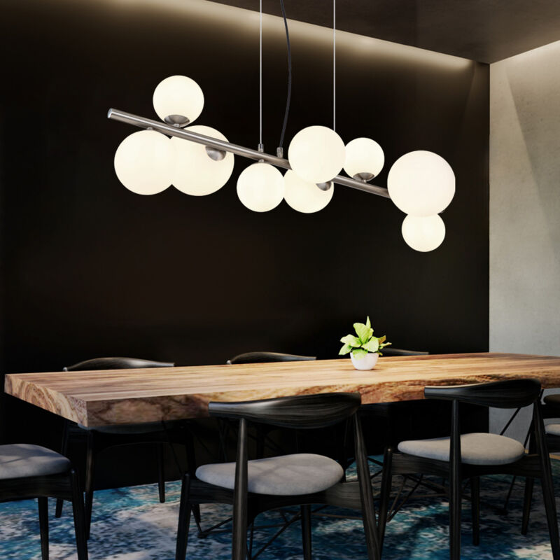foto del prodotto globo lampada a sospensione a led lampada da pranzo regolabile in altezza sfere di vetro lampada a sospensione vetro bianco, metallo nichel, 9x g9