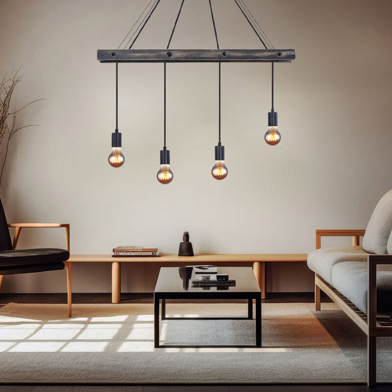 foto del prodotto globo lampada a sospensione a soffitto in legno, 4 fiamme, lampada da tavolo da pranzo nero opaco, 4x e27, lxpxa 90x9x120 cm, soggiorno, sala da