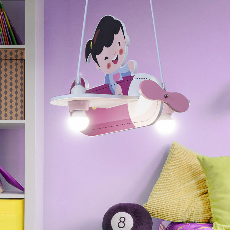 foto del prodotto globo lampada a sospensione aereo rosa lampada per bambini lampada a sospensione per cameretta dei bambini, legno, 2x prese e27, lxlxa 43x40x120 cm