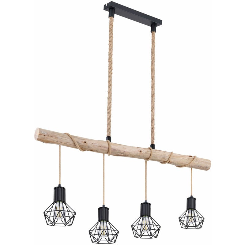 foto del prodotto globo lampada a sospensione con trave in legno naturale, lampada a sospensione a gabbia, nera, a sospensione, in legno chiaro, in stile rustico,