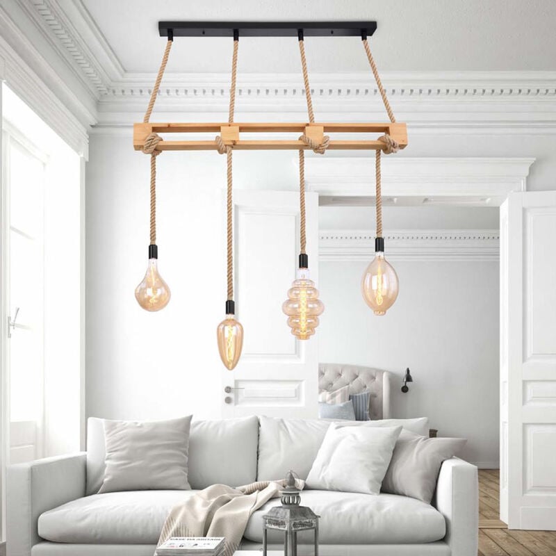 foto del prodotto globo lampada a sospensione in legno per sala da pranzo, lampada a sospensione in legno, corda di canapa leggera, naturale, 4 prese e27, lxlxh