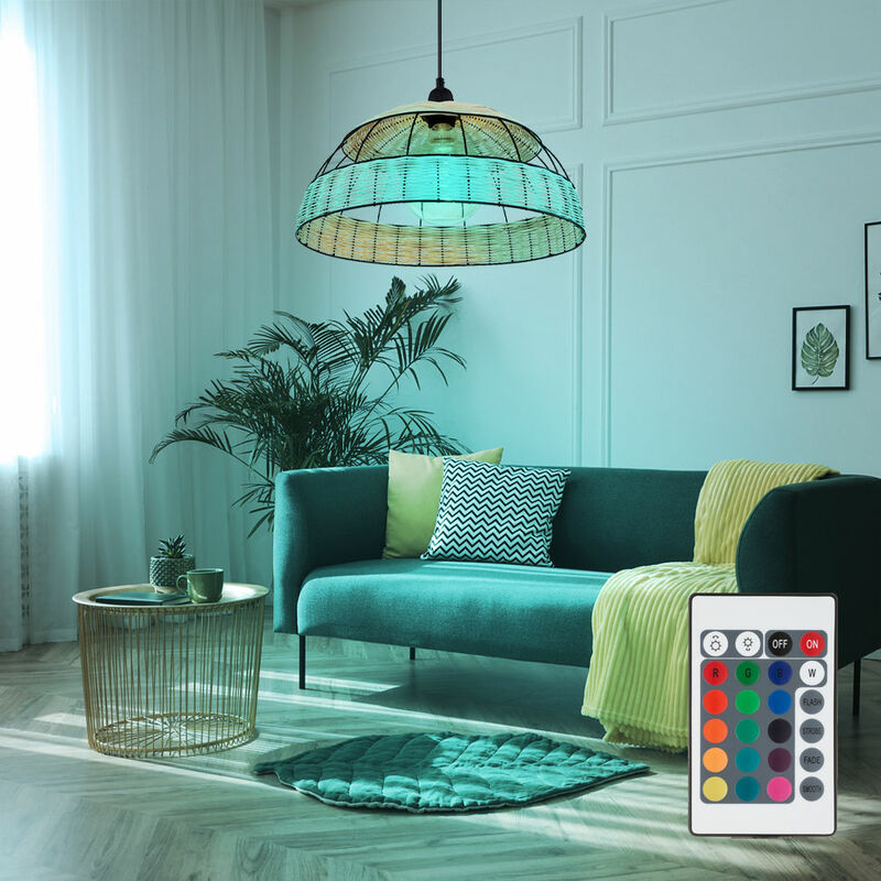 foto del prodotto globo lampada a sospensione in rattan boho da tavolo da pranzo lampada a sospensione retr , rete metallica nera, telecomando dimmerabile, 1x led