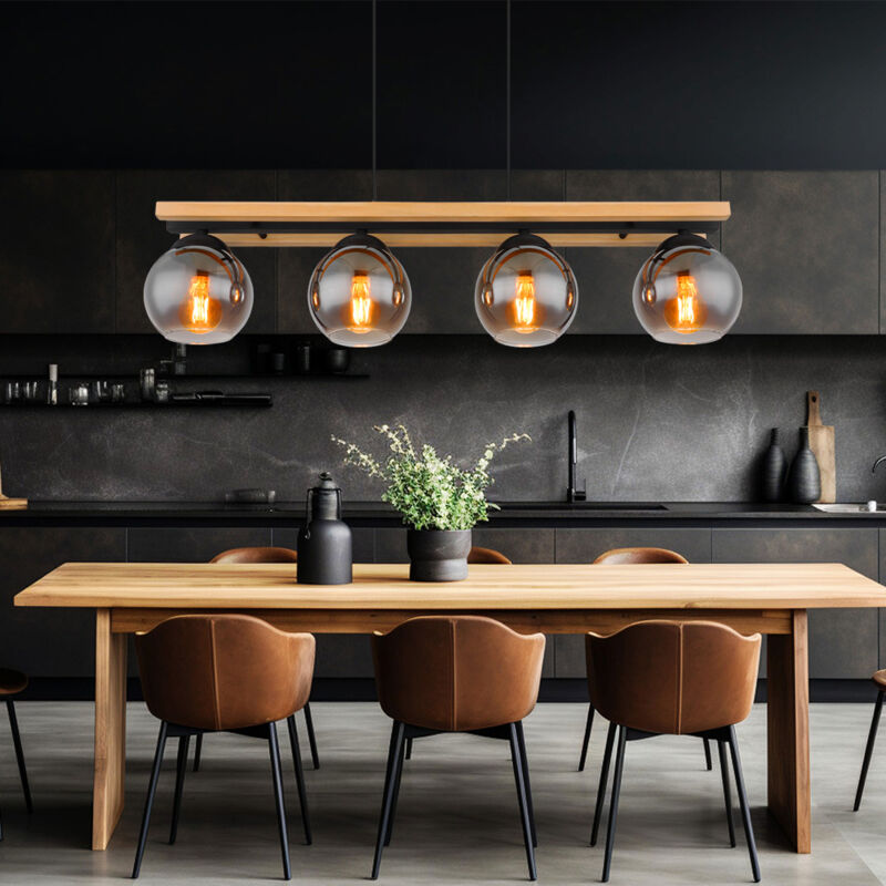 foto del prodotto globo lampada a sospensione lampada a sospensione effetto legno lampada da sala da pranzo lampada a sospensione casa di campagna 4 fiamme, metallo