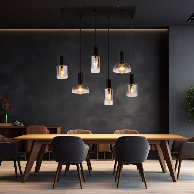 foto del prodotto globo lampada a sospensione lampada a sospensione lampada da sala da pranzo lampada da soggiorno, metallo vetro color fumo, 6 prese e27, lxlxh