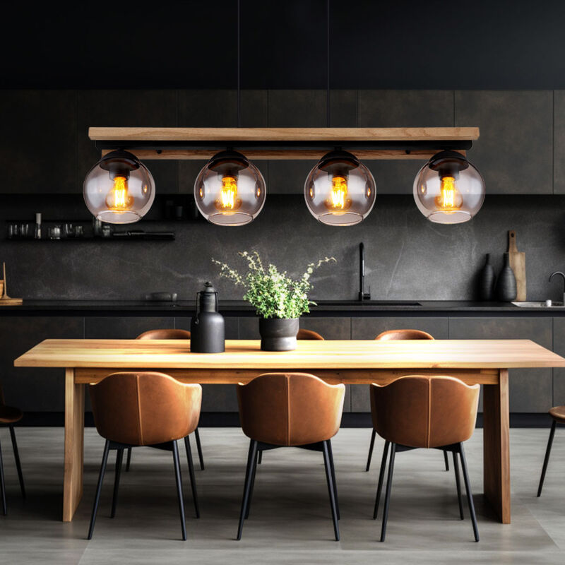 foto del prodotto globo lampada a sospensione lampada a sospensione lampada da soggiorno lampada da sala da pranzo, metallo legno rovere vetro fumo, 4 fiamme, e27, h