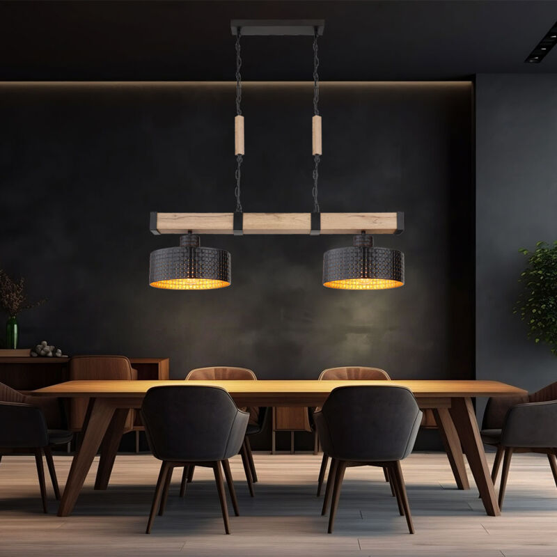 foto del prodotto globo lampada a sospensione lampada a sospensione per sala da pranzo lampada a sospensione nero oro legno 2 fiamme, metallo mdf, 2x prese e27,