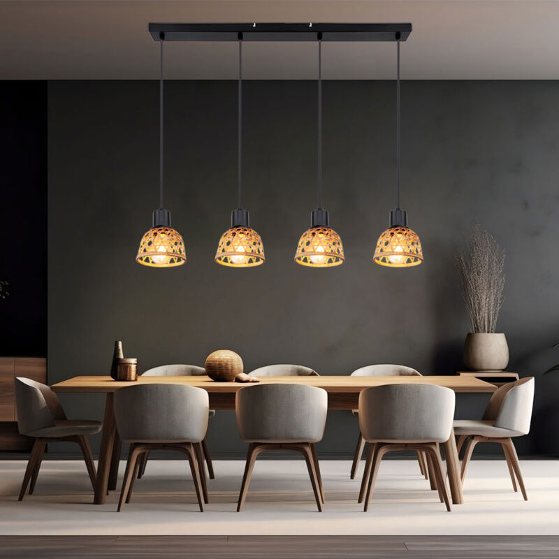 foto del prodotto globo lampada a sospensione lampada a sospensione sala da pranzo in tessuto di bamb intrecciato in legno, 4 fiamme, metallo nero, 4x prese e27,
