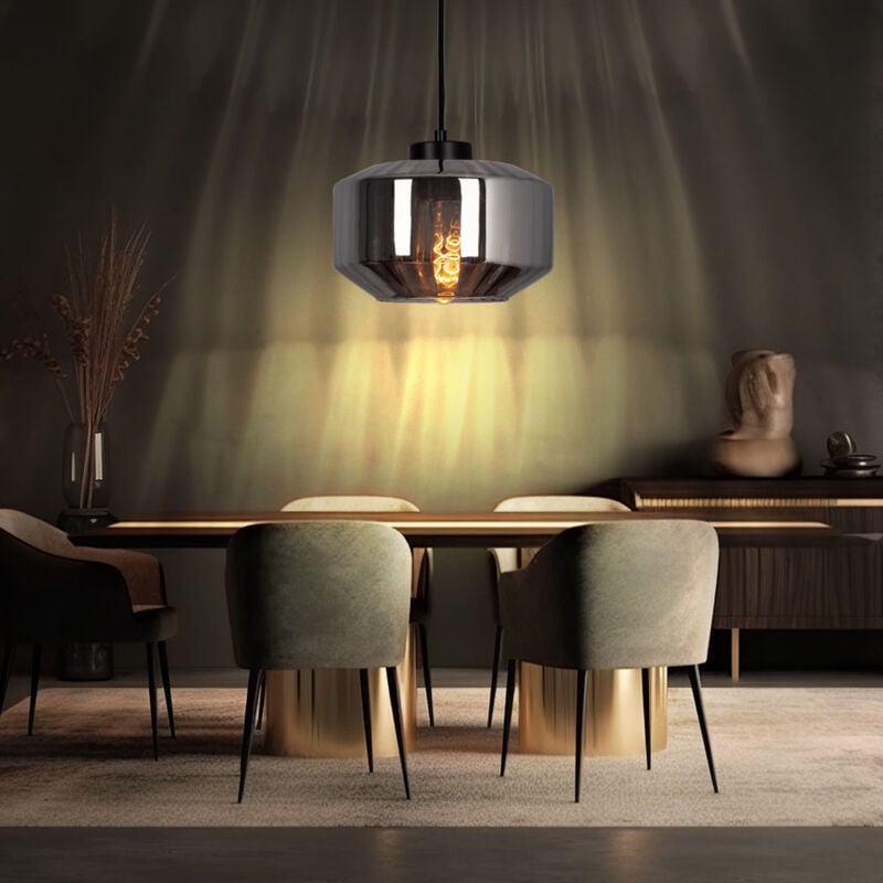foto del prodotto globo lampada a sospensione lampada da sala da pranzo, pendolo moderno con paralume in vetro color fumo, bulbo, metallo, nero opaco, 1x e27, pxh