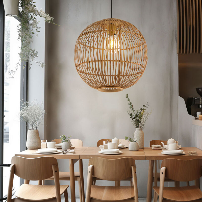foto del prodotto globo lampada a sospensione lampada da soffitto sala da pranzo lampada a sospensione in rete di bamb di forma sferica, colori naturali del bamb ,