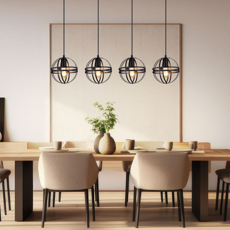 foto del prodotto globo lampada a sospensione, lampada da tavolo da pranzo, 4 fiamme, design industriale, regolabile in altezza, metallo, nero, 4x e27, lxlxa