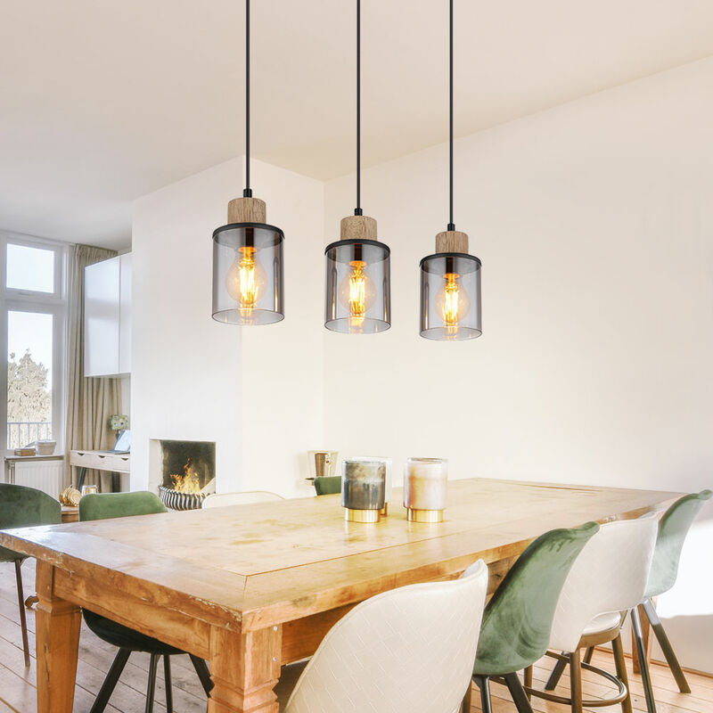 foto del prodotto globo lampada a sospensione lampada da tavolo da pranzo lampada a sospensione soggiorno 3 fiamme, metallo legno nero vetro fum marrone, 3x e27,