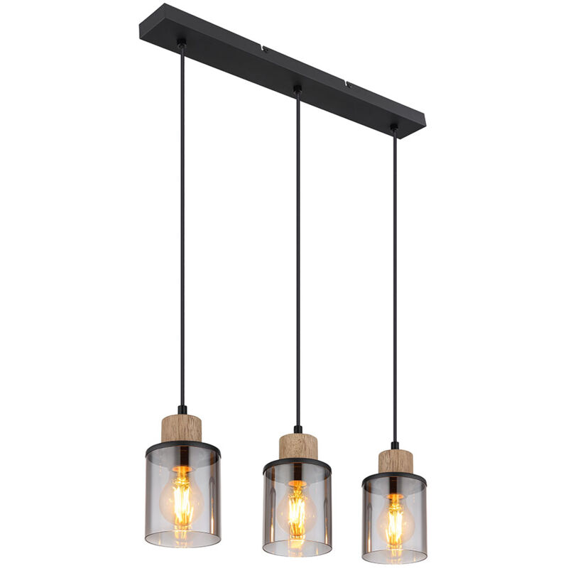 foto del prodotto globo lampada a sospensione lampada da tavolo da pranzo lampada a sospensione soggiorno 3 fiamme, metallo legno nero vetro fum marrone, 3x e27,