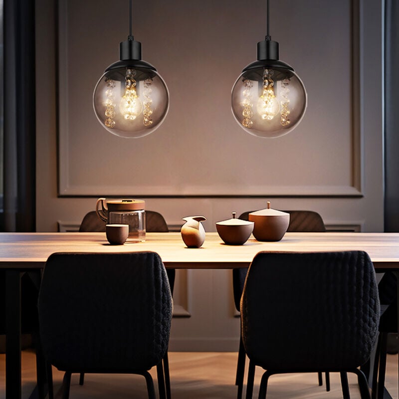 foto del prodotto globo lampada a sospensione lampada da tavolo da pranzo lampada a sospensione soggiorno, vetro fum , metallo nero, 1x e27, pxa 15 x 150 cm, set da 2