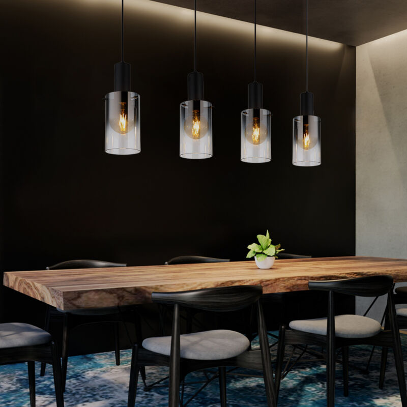 foto del prodotto globo lampada a sospensione, lampada da tavolo da pranzo, lampada da soggiorno, lampada a sospensione, 4 lampadine, vetro fum , metallo nero,