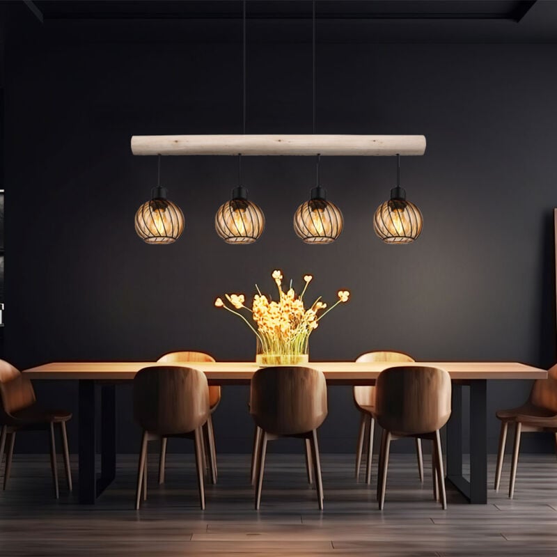 foto del prodotto globo lampada a sospensione, lampada in legno, lampada a sospensione, vetro, regolabile in altezza, soggiorno, 4 fiamme, travi in legno, metallo