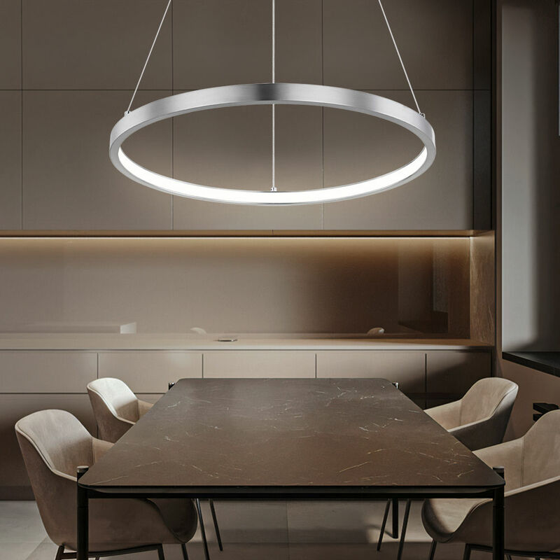 foto del prodotto globo lampada a sospensione lampade a led anello argento lampada a sospensione tonda appesa soggiorno moderno, realizzata in metallo in nichel