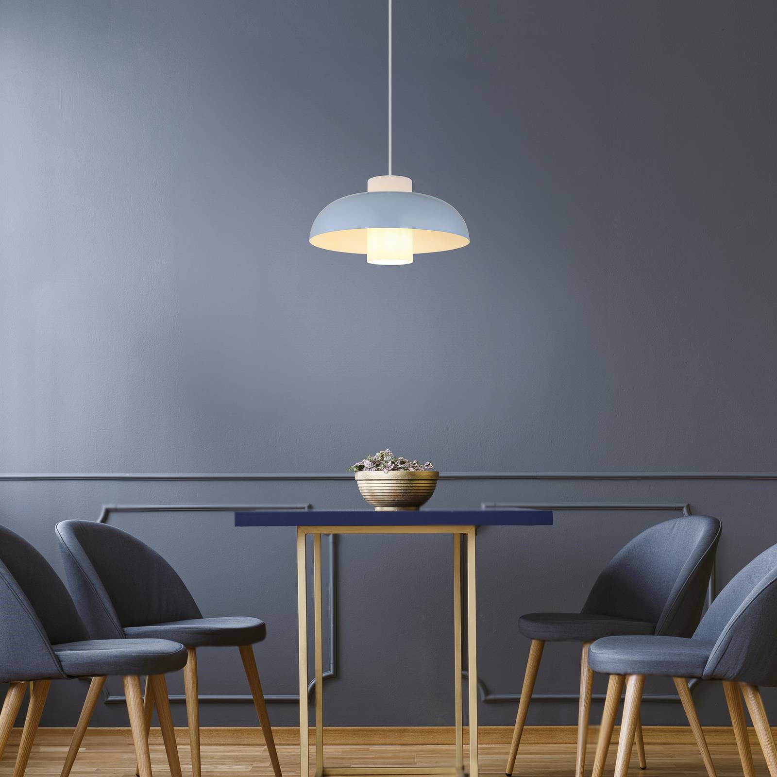 foto del prodotto globo lampada a sospensione lowe, blu opaco, 38 cm, metallo