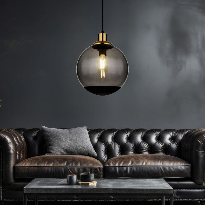 foto del prodotto globo lampada a sospensione moderna in vetro lampada a sospensione lampada a sospensione in vetro fum nero, sfera di vetro in metallo ottone