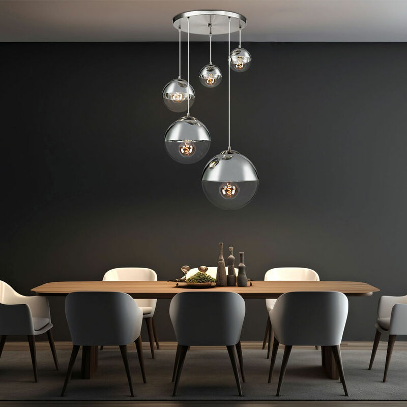 foto del prodotto globo lampada a sospensione per sala da pranzo moderna lampada da tavolo da pranzo sfere di vetro 5 lampadine grande lampada a sfera di vetro,