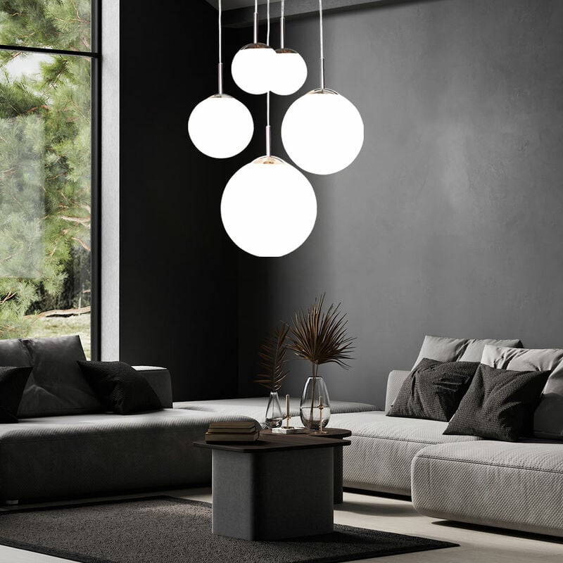 foto del prodotto globo lampada a sospensione, tavolo da pranzo, lampada da soggiorno, argento, 5 fiamme, sfera design in vetro opalino, metallo, 5 attacchi e27, dxh