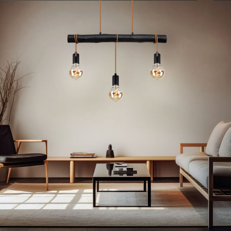 foto del prodotto globo lampada a sospensione, tavolo da pranzo, nera, lampada da soggiorno, lampada in legno, corda, altezza regolabile, metallo, 3x e27, lxlxa