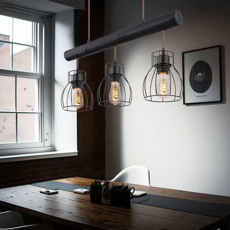 foto del prodotto globo lampada a sospensione vintage con asta di legno lampada a sospensione retr in legno con paralumi in reticolo nero, gabbia in metallo, 3