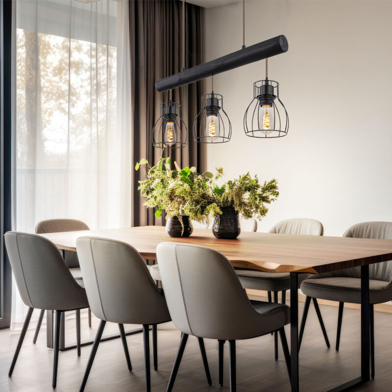 foto del prodotto globo lampada a sospensione vintage con asta di legno lampada a sospensione retr in legno con paralumi in reticolo nero, gabbia in metallo, 3