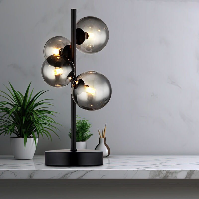foto del prodotto globo lampada da comodino da scrittura a led lampada in metallo illuminazione con sfere di vetro nero