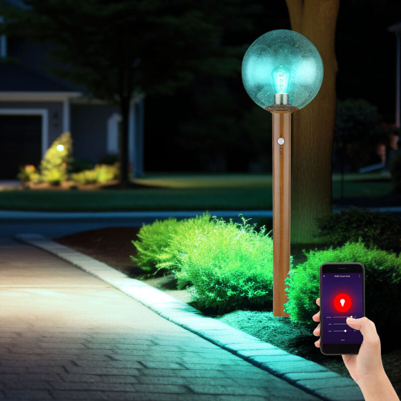 foto del prodotto globo lampada da giardino intelligente con rilevatore di movimento lampada da terra per esterni lampada da terra moderna, aspetto legno, cct con