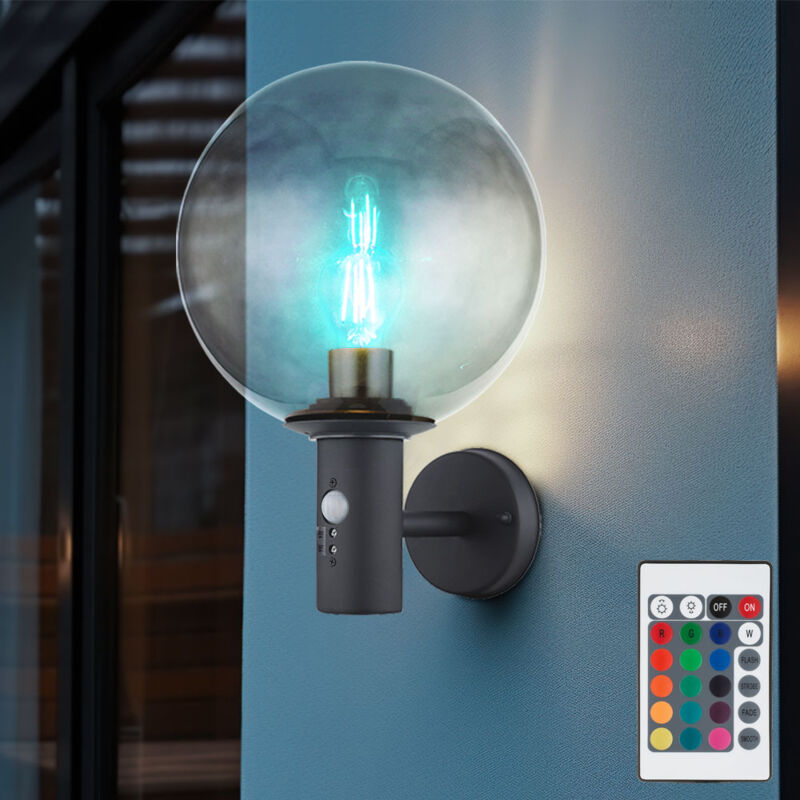 foto del prodotto globo lampada da parete a led con rilevatore di movimento, lampada da parete per esterni, dimmerabile con telecomando, lampada per facciate, vetro