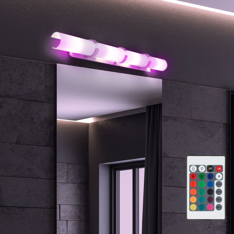 foto del prodotto globo lampada da parete con telecomando lampada da parete dimmerabile luce soggiorno bagno, metallo cromato vetro bianco, 4x led rgb 4.8w 470lm