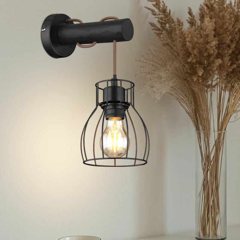 foto del prodotto globo lampada da parete in legno vintage lampada da parete per soggiorno appesa schermo a gabbia lampada da corridoio nera, design a griglia