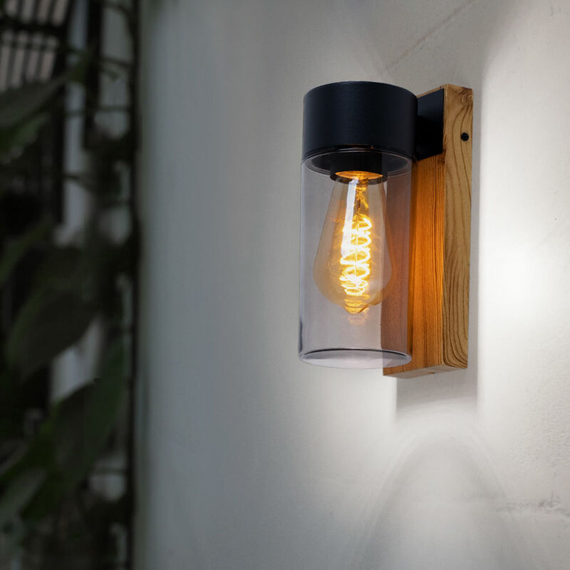 foto del prodotto globo lampada da parete, luce esterna, lampada da terrazza, luce moderna per facciate, aspetto legno, vetro in acciaio inossidabile, fumo nero, 1x