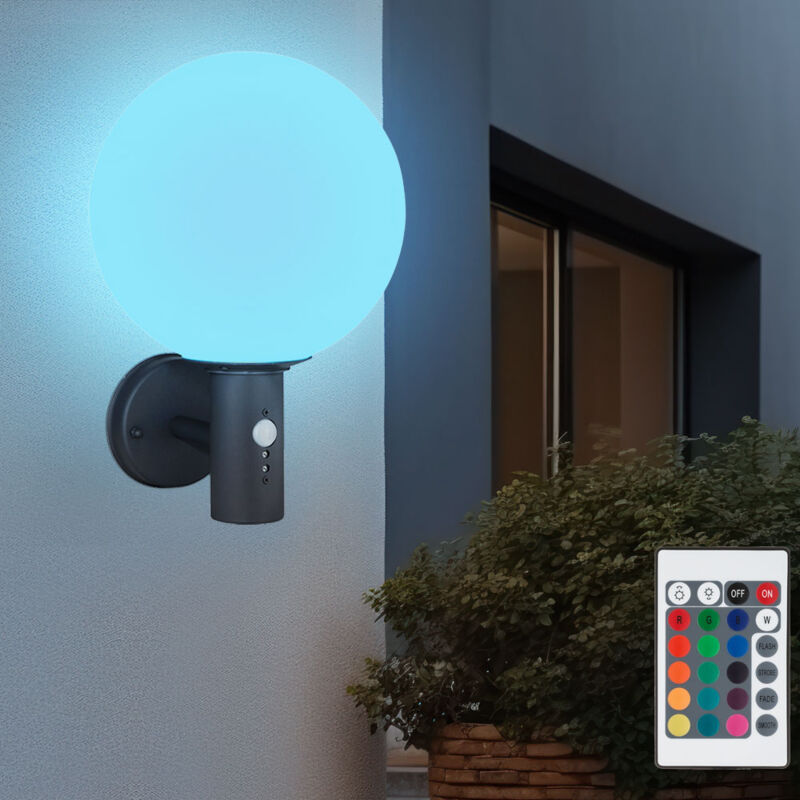 foto del prodotto globo lampada da parete per esterni a sfera in vetro con rilevatore di movimento, lampada da giardino in acciaio inossidabile, dimmerabile con