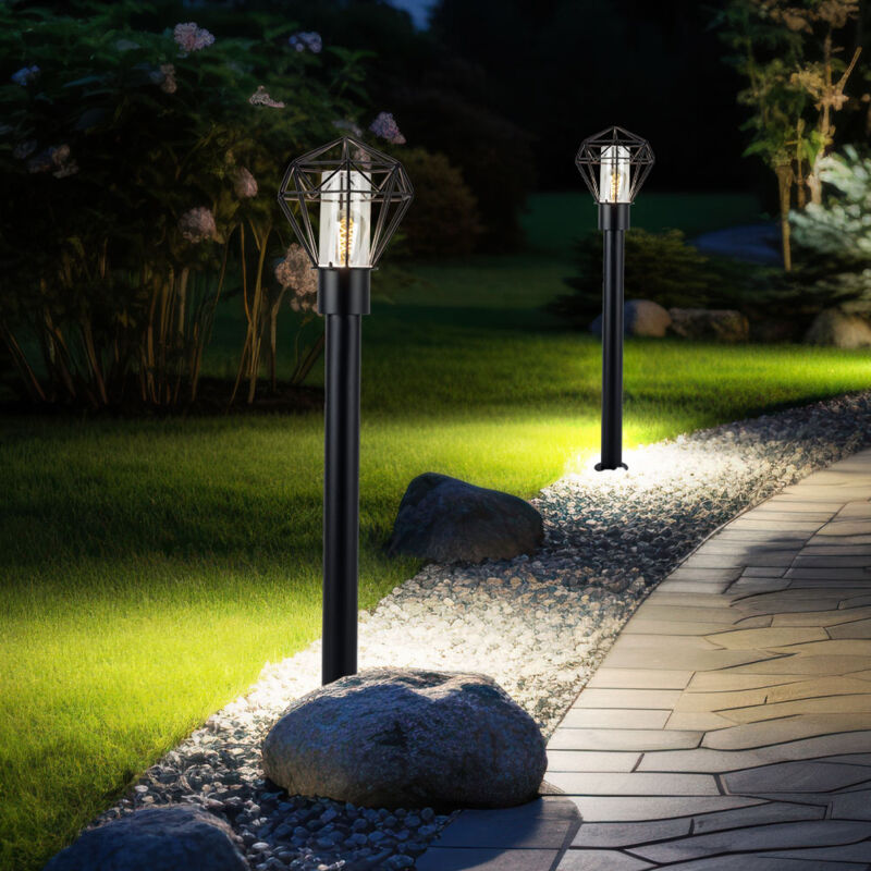 foto del prodotto globo lampada da percorso, lampada da patio, luce esterna, lampada da terra industriale, lampada con base in acciaio inossidabile nero, 1x e27, lxh