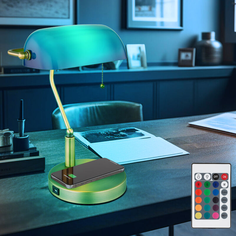 foto del prodotto globo lampada da scrivania lampada da banchiere lampada da tavolo ottone vecchio vetro verde, porta usb per ricarica wireless, interruttore a