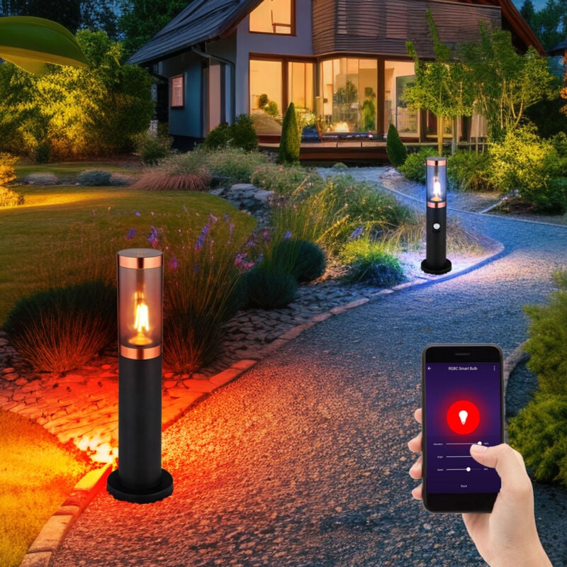 foto del prodotto globo lampada da sentiero a led con piedistallo terra per esterni con rilevatore di movimento, controllo tramite app cct, cambio colore rgb,