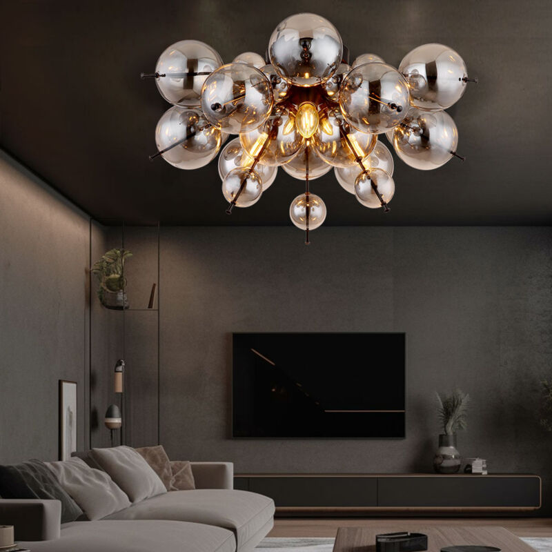 foto del prodotto globo lampada da soffitto a 3 fiamme lampada da soffitto da soggiorno di vetro fum nero, vetro metallico, 3x prese e14, dxh 55x28 cm