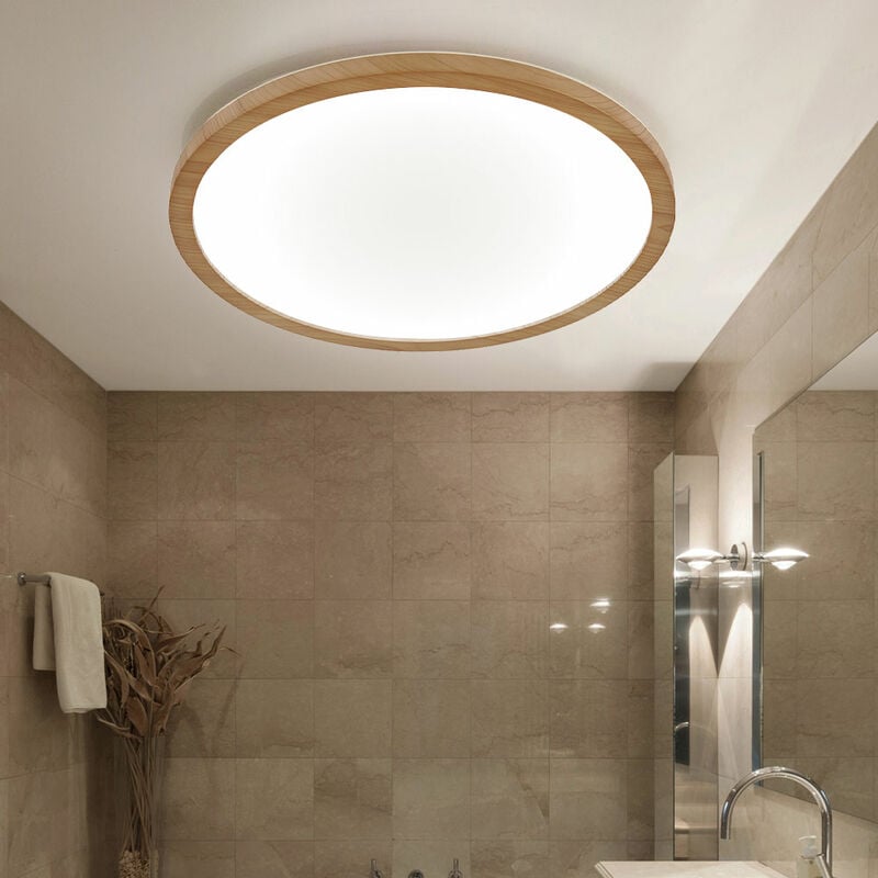 foto del prodotto globo lampada da soffitto bagno chiaro aspetto legno lampada da soggiorno plafoniera retroilluminazione led, ip44, opale satinato, 1x led 24w